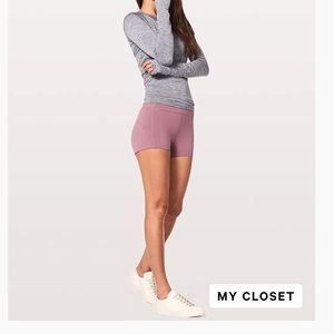 Color is called Figue, Material is Everlux, shorts are 2.5” length